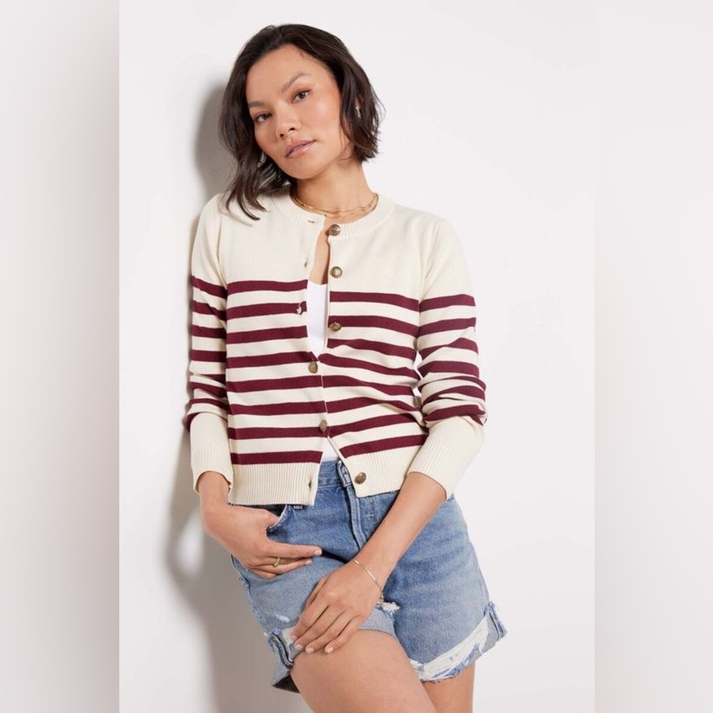 Evereve Cream and Burgundy Striped Cardigan